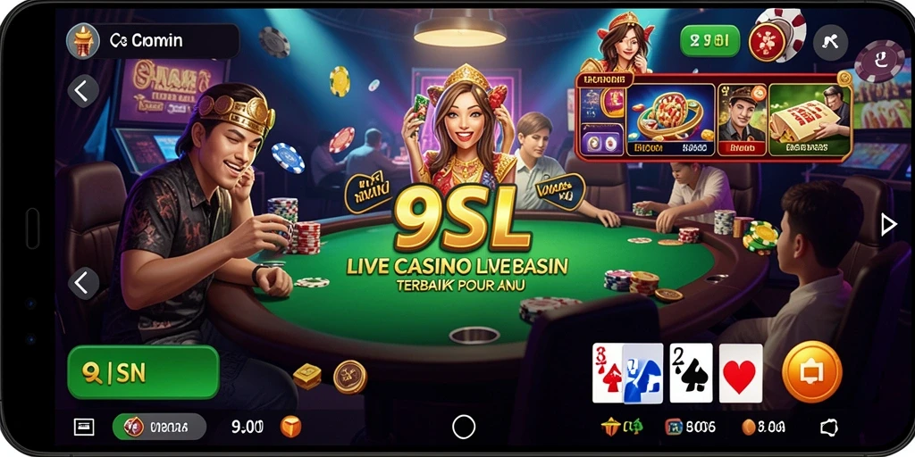 Screenshot gameplay 9SL menampilkan dealer langsung dan suasana kasino yang nyata.