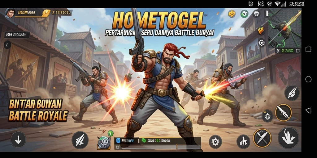 Screenshot HOMETOGEL menampilkan aksi pertarungan seru Battle Royale.