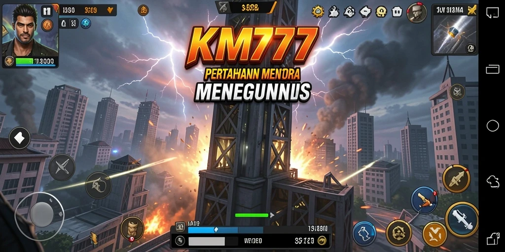 Tampilan gameplay KM777 menampilkan strategi pertahanan menara yang menegangkan.
