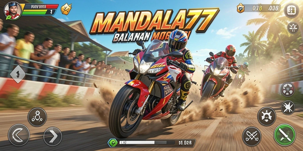 Screenshot utama MANDALA77 menampilkan aksi balapan motor yang mendebarkan.