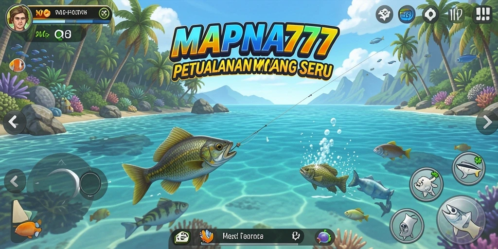 Screenshot utama MAPNA777 menampilkan pemain menangkap ikan di laut yang indah.