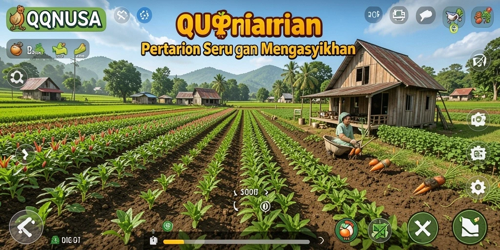 Tangkapan layar gameplay QQNUSA menampilkan aktivitas bertani yang dinamis.