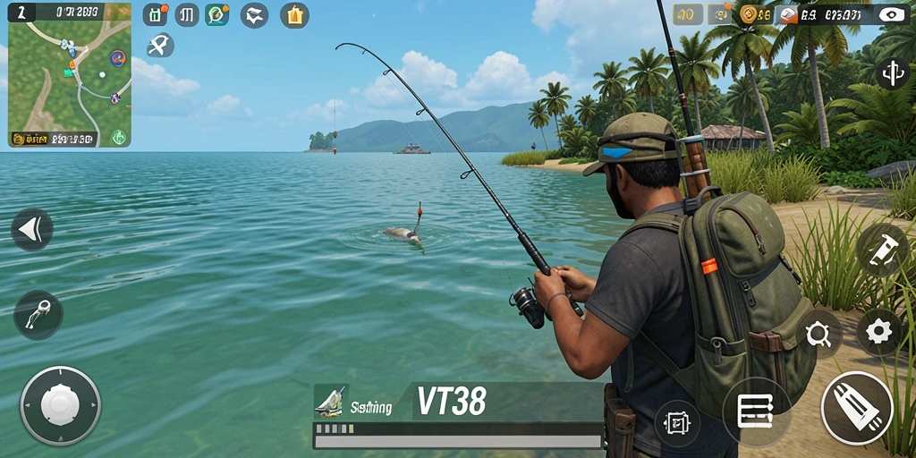 Screenshot utama VT38 menampilkan aksi memancing yang mendebarkan.